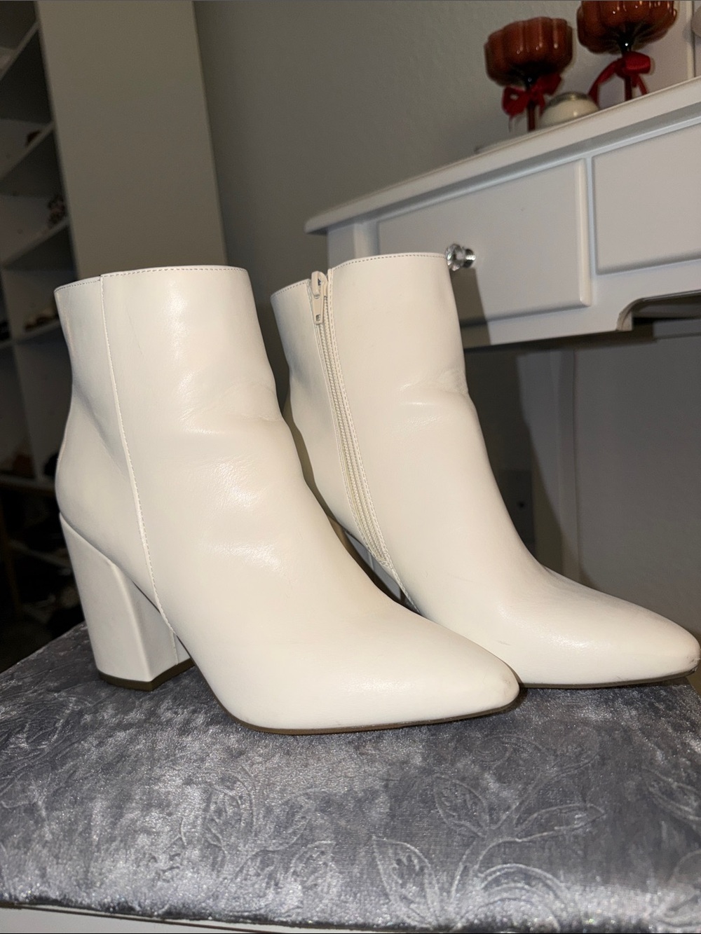 Sugar Cream Pointed Toe Ankle Booties with Block Heel